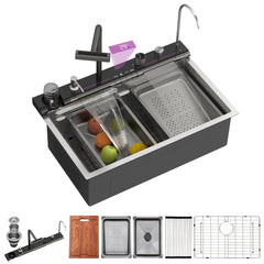 Lordear Drop-in Single Bowl Waterfall Stainless Steel Workstation Kitchen Sink with Digital Display in Honeycomb Finish