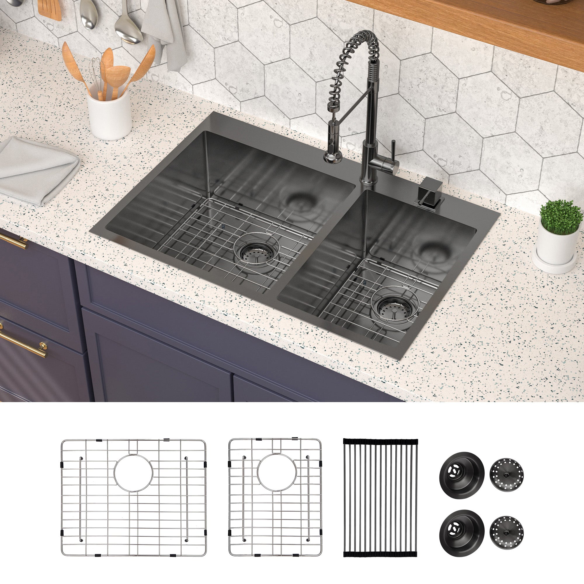 Lordear 33" Stainless Steel Gunmetal Black Double Bowl Drop-in Kitchen Sink from Lordear