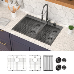Lordear 33" Stainless Steel Gunmetal Black Double Bowl Drop-in Kitchen Sink from Lordear