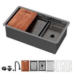 Lordear 33 Inch Undermount Single Bowl Waterfall Stainless Steel Workstation Kitchen Sink With Faucet