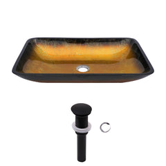 Lordear Rectangular Tempered Glass Bathroom Vessel Sink with Pop-up Drain