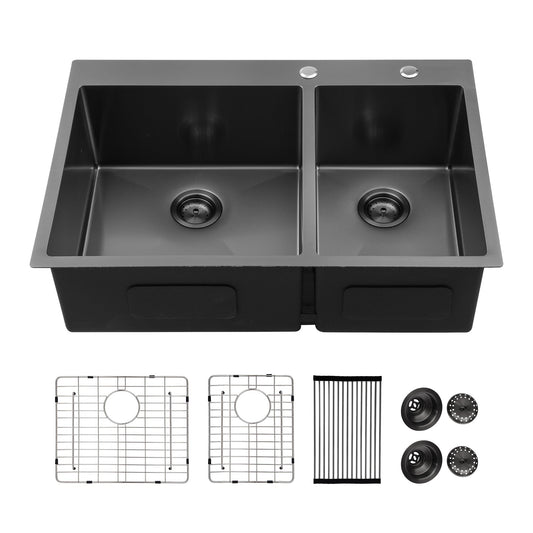 Lordear 33" Stainless Steel Gunmetal Black Double Bowl Drop-in Kitchen Sink  from Lordear