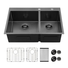 Lordear 33" Stainless Steel Gunmetal Black Double Bowl Drop-in Kitchen Sink from Lordear