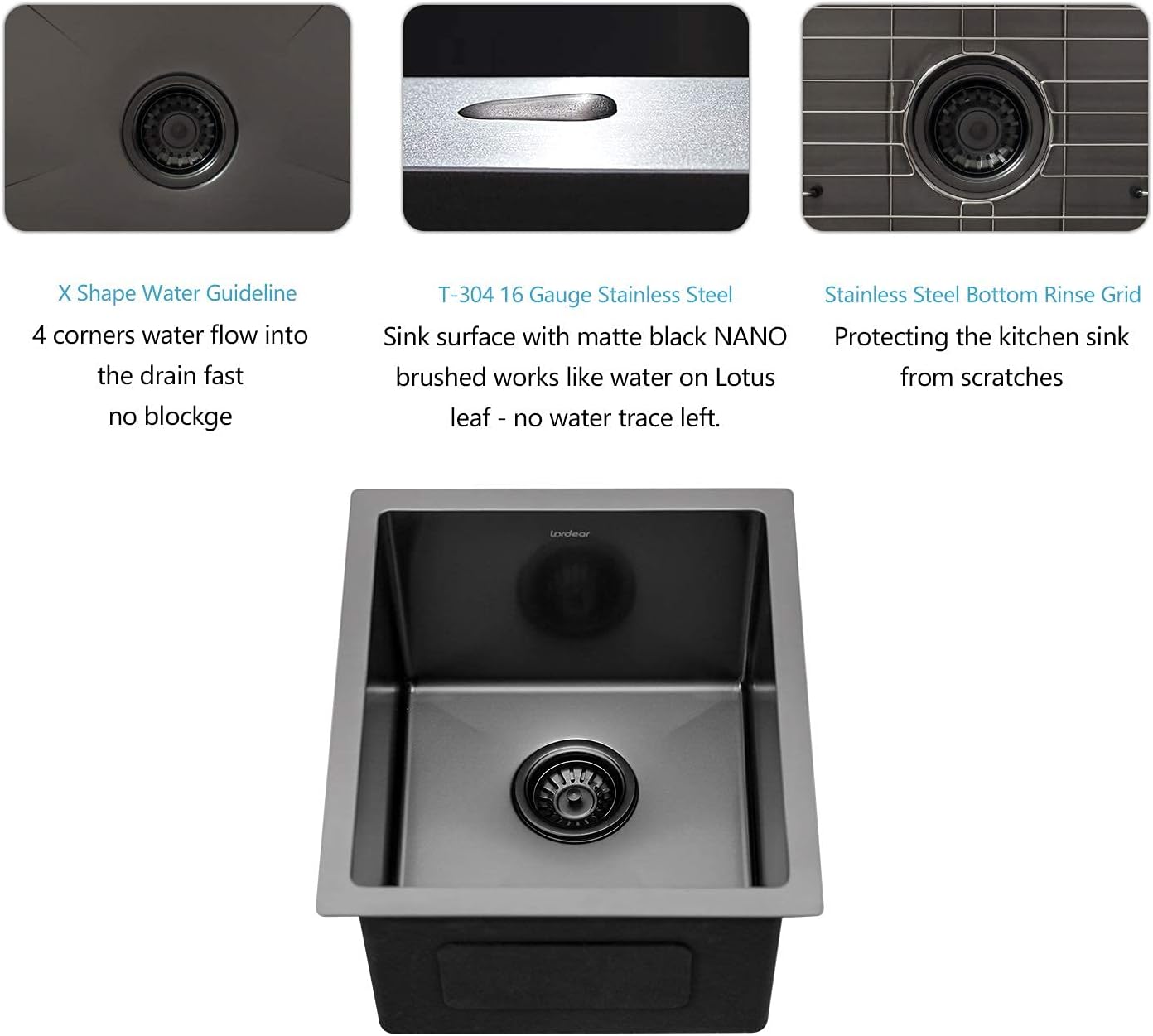 Lordear 15"x17" Stainless Steel Undermount Single Bowl Bar Sink from Lordear