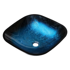 Lordear 16'' Glass Bathroom Vessel Sink Blue Tempered Glass Above Counter Sink with Pop up Drain