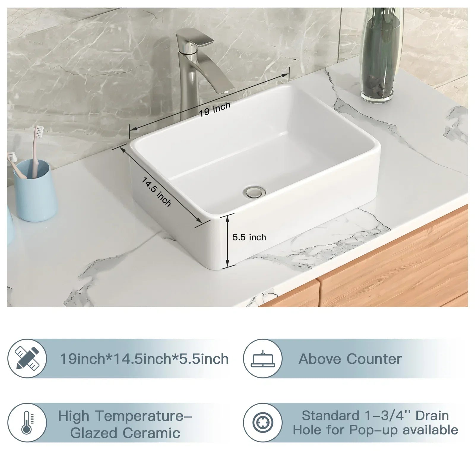 Lordear 19" x 15" White Ceramic Countertop Rectangle Vessel Bathroom Sink from Lordear