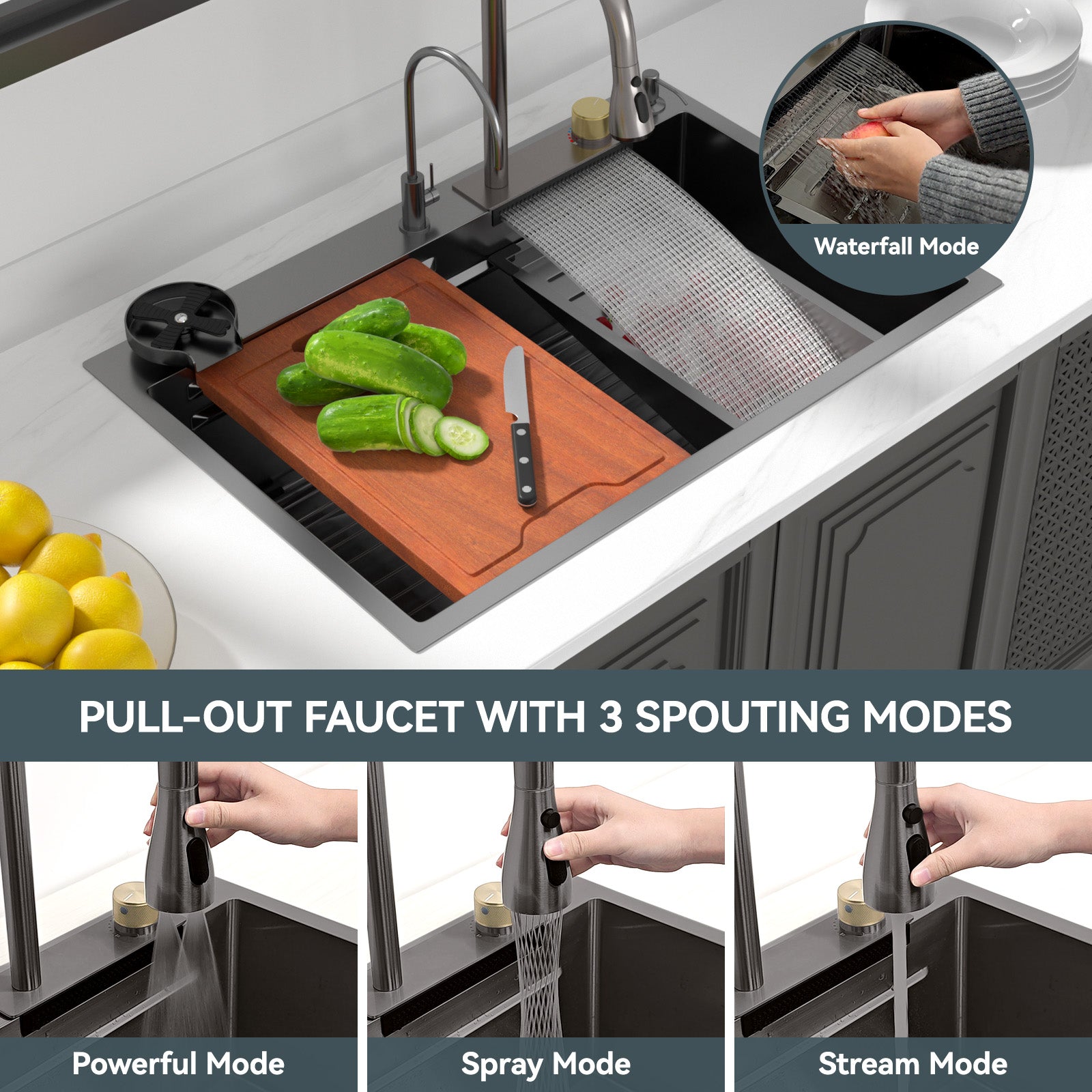 Lordear 33'' Stainless Steel Drop In Waterfall Single Bowl Workstation Kitchen Sink  from Lordear