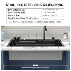 Lordear 33'' x 19'' Drop-in Single Bowl Waterfall Stainless Steel Workstation Kitchen Sink - Push Button Upgrade