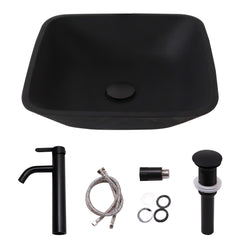16in L x 16in W Matte Black Square Glass Vessel Bathroom Sink with Faucet and Drain from Lordear