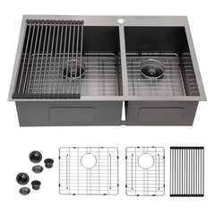 Lordear 33" x 22" Stainless Steel Black 60/40 Double Bowl Drop-In Kitchen Sink from Lordear