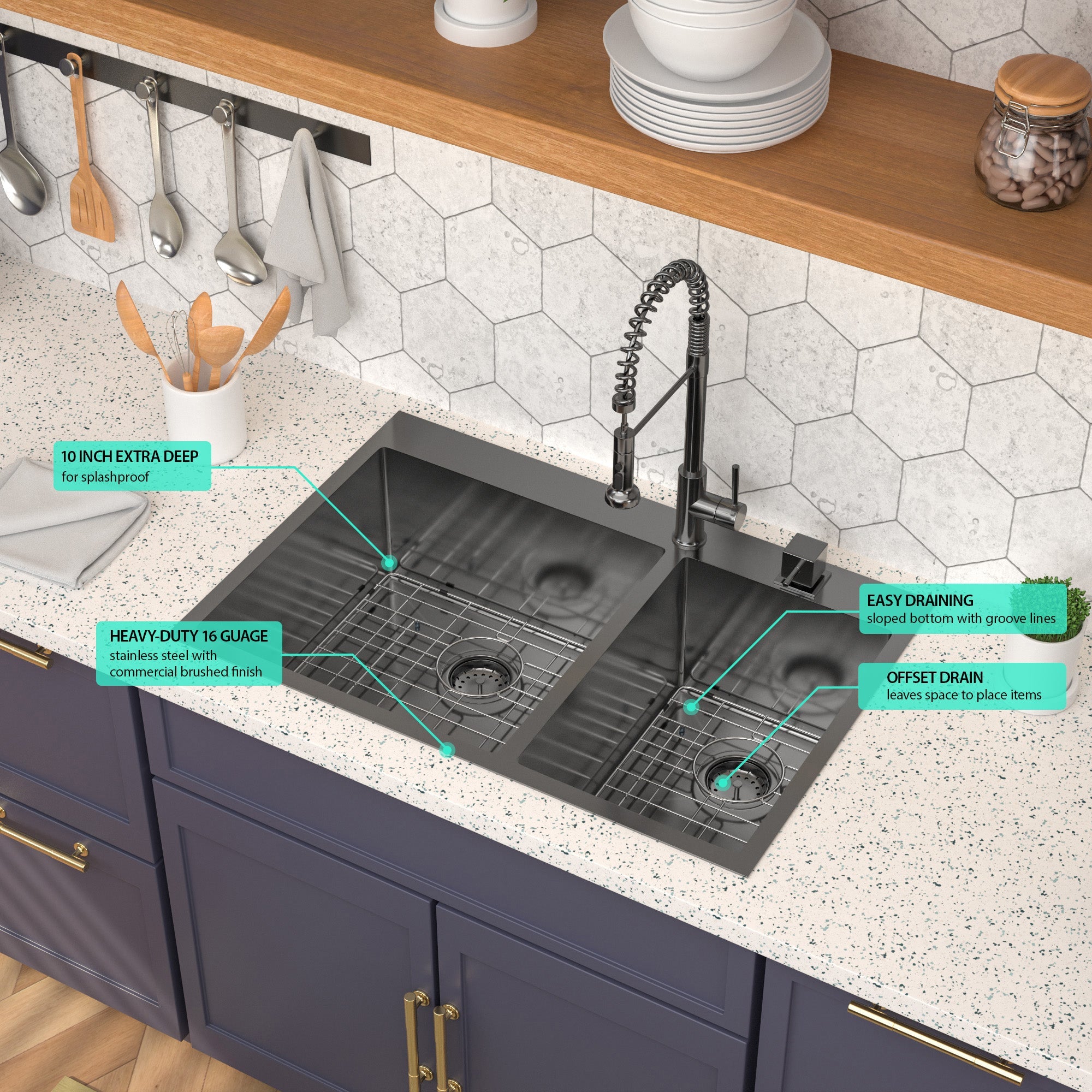 Lordear 33" Stainless Steel Gunmetal Black Double Bowl Drop-in Kitchen Sink from Lordear