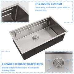 Lordear Patent 33'' Undermount Single Bowl Stainless Steel Workstation Kitchen Sink