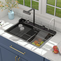 Lordear Drop-in Single Bowl Waterfall Stainless Steel Workstation Kitchen Sink with Digital Display in Honeycomb Finish