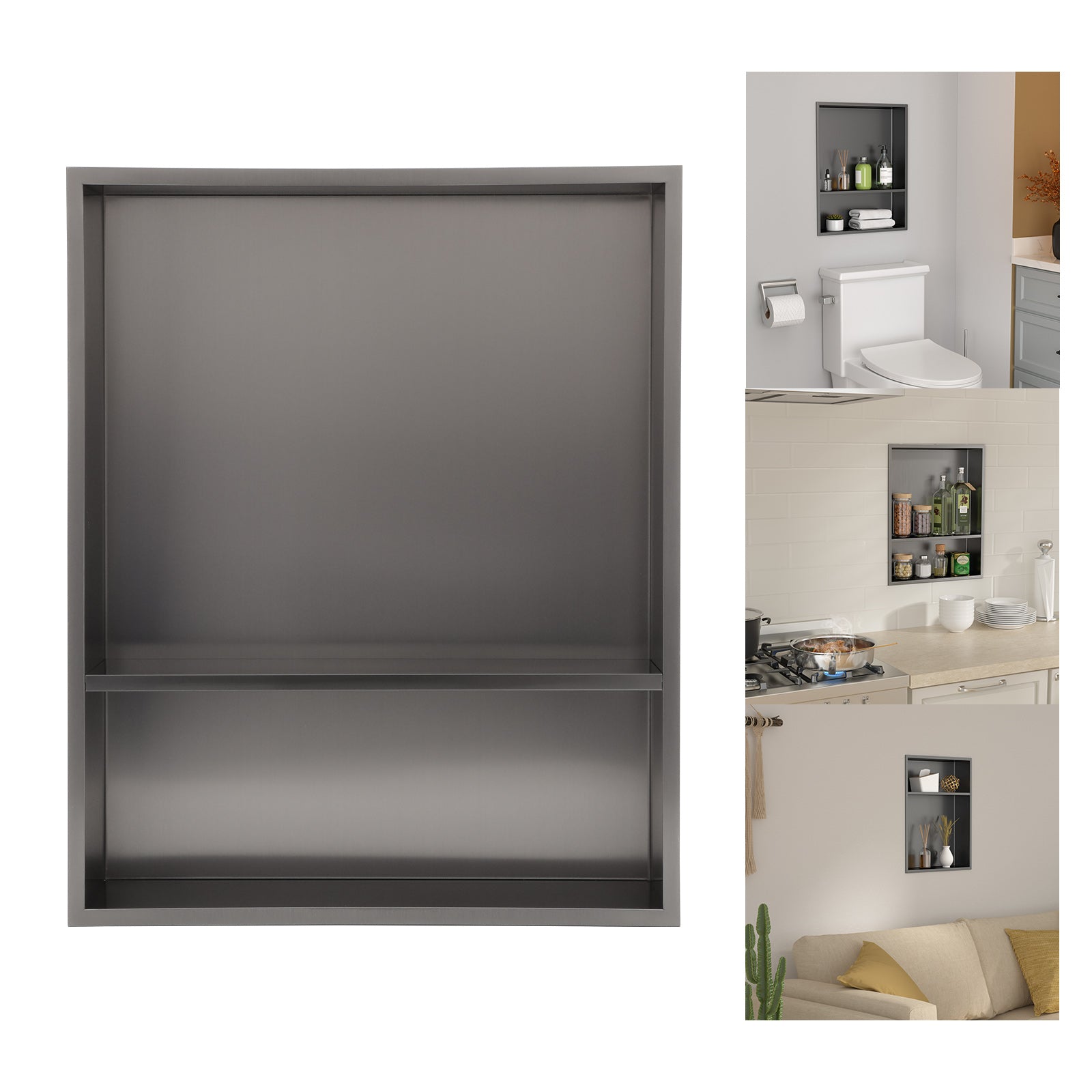 Lordear Stainless Steel Shower Niche 21in x 17in Rectangle Black No Tile Needed Recessed Wall Niche Insert for Bathroom Storage from Lordear