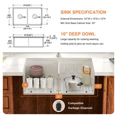 Lordear 32''x19'' White Porcelain Ceramic Double Bowl Fireclay Farmhouse Sink