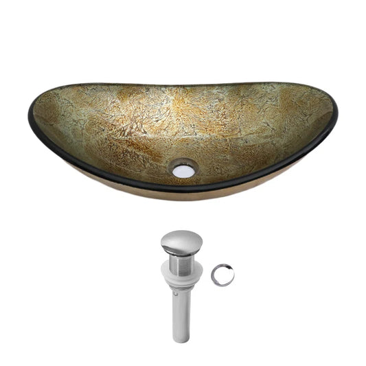 Lordear Champagne Boat Tempered Glass Bathroom Vessel Sink with Pop-up Drain