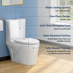 Lordear Elongated White Ceramic Modern One Piece Toilet with Comfort Wider Chair Seat