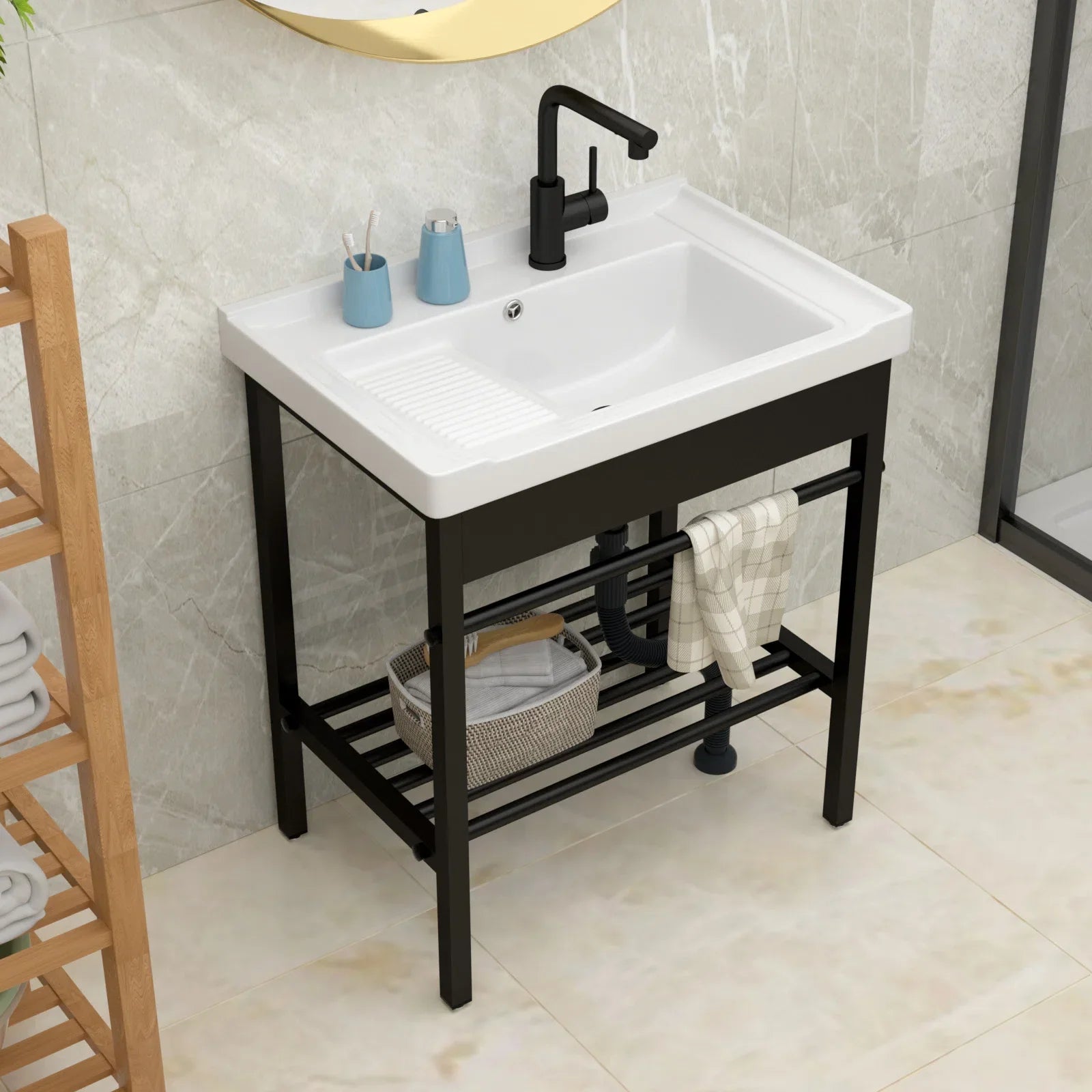 Lordear 28'' White Ceramic Console Rectangular Bathroom Laundry Sink with Pedestal Ledge from Lordear