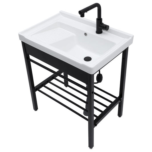 28in White Ceramic Console Laundry Sink Rectangular Bathroom Sink with Integrated Washboard Stainless Pedestal Ledge Vessel Sink from Lordear