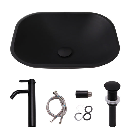 Lordear Tempered Glass Rectangular Matte Black Vessel Bathroom Sink with Faucet and Drain from Lordear