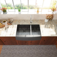 Lordear 33'' Stainless Steel Double Bowl Gunmetal Black Apron Front Farmhouse Kitchen Sink from Lordear