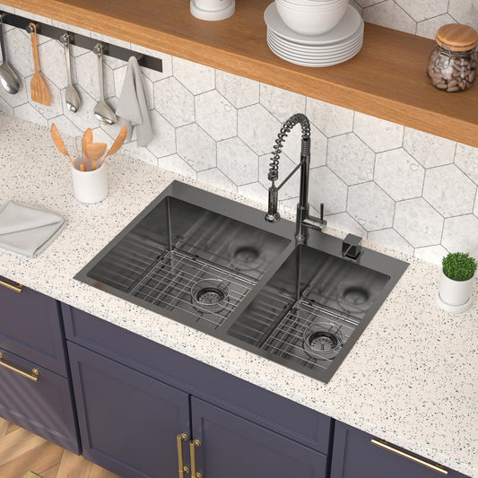 Lordear 33" Stainless Steel Gunmetal Black Double Bowl Drop-in Kitchen Sink  from Lordear