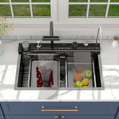 Lordear Drop-in Single Bowl Waterfall Stainless Steel Workstation Kitchen Sink with Digital Display in Honeycomb Finish