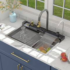 Lordear 30'' Digital Display Drop In Waterfall Single Bowl Stainless Steel Workstation Kitchen Sink