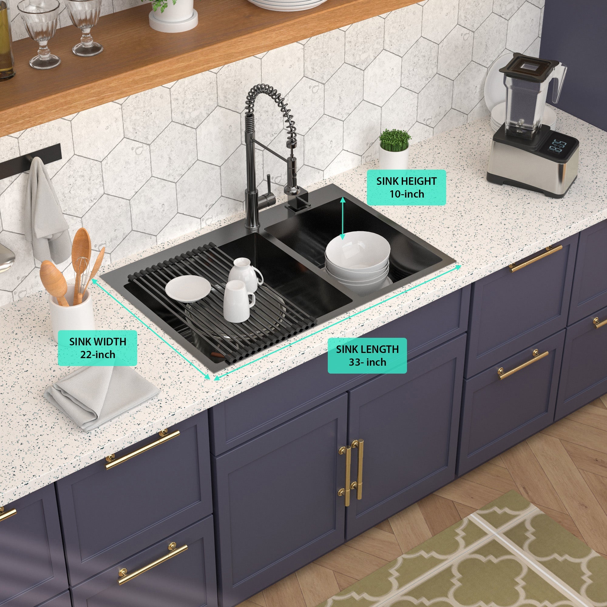 Lordear 33" Stainless Steel Gunmetal Black Double Bowl Drop-in Kitchen Sink from Lordear