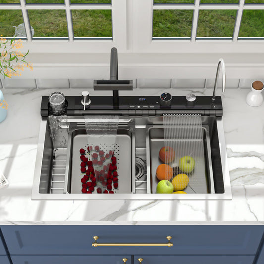 Lordear brushed_nickel Drop-in Single Bowl Waterfall Stainless Steel Workstation Kitchen Sink with Digital Display in Honeycomb Finish