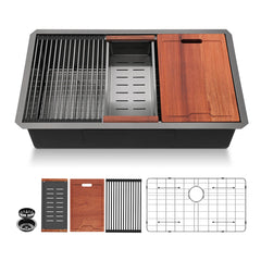 Lordear Black Undermount Single Bowl Stainless Steel Workstation Kitchen Sink