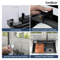 Lordear 30'' Digital Display Drop In Waterfall Single Bowl Stainless Steel Workstation Kitchen Sink