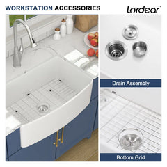 Lordear 30 Inch White Fireclay Farmhouse Kitchen Sink, Single Bowl Apron Front Ceramic Kitchen Sink