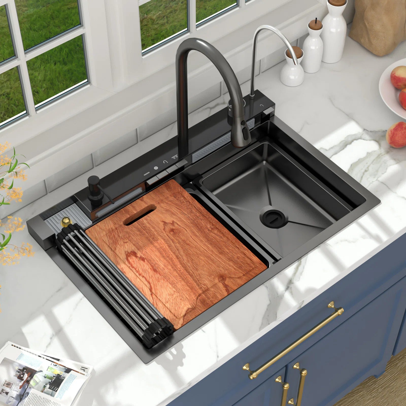 Lordear Modern kitchen sink with a wooden cutting board and faucet, set against a bright kitchen backdrop.