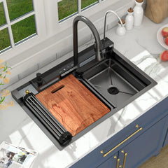Lordear Modern kitchen sink with a wooden cutting board and faucet, set against a bright kitchen backdrop.