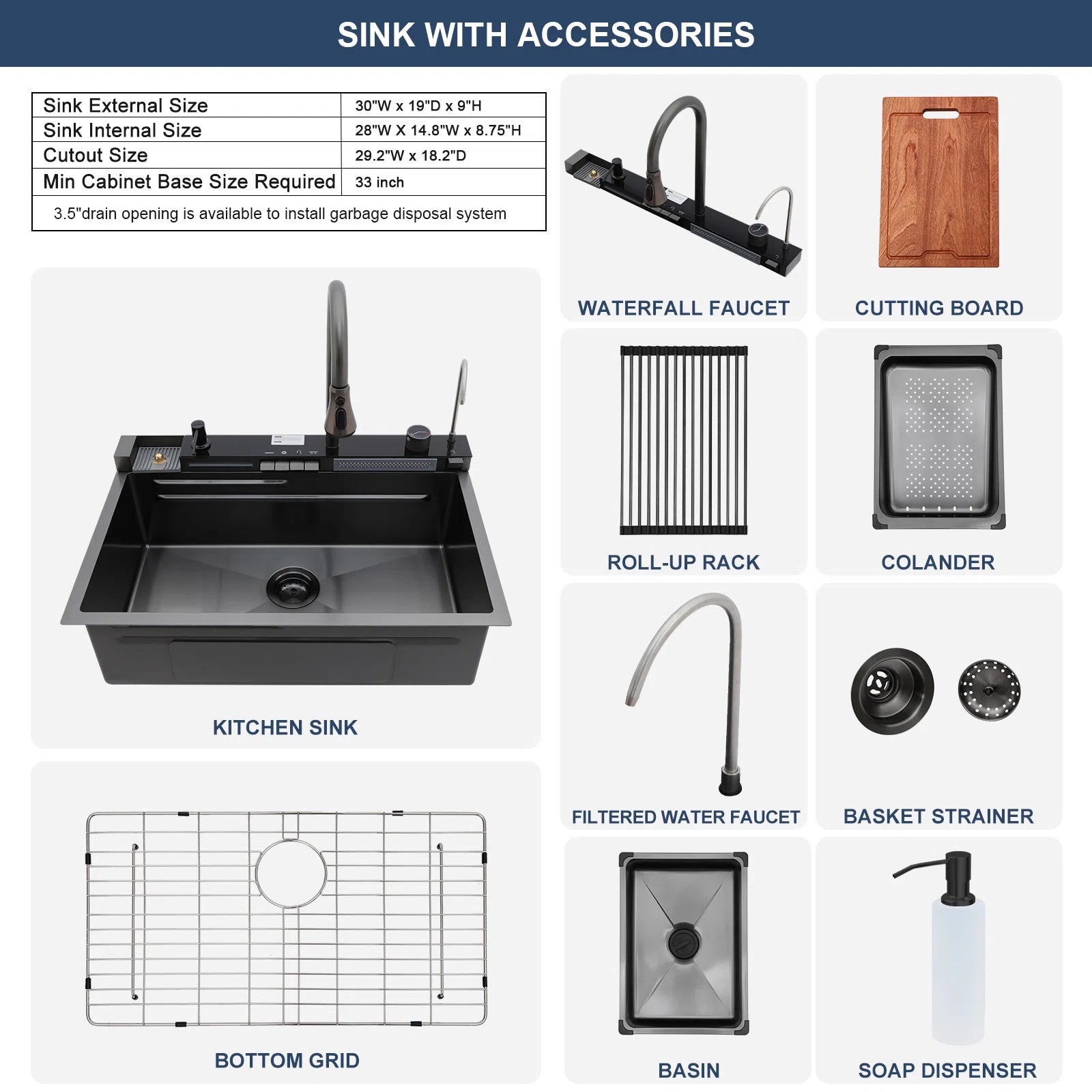 Lordear 30'' Stainless Steel Drop In Waterfall Single Bowl Digital Display Workstation Kitchen Sink from Lordear