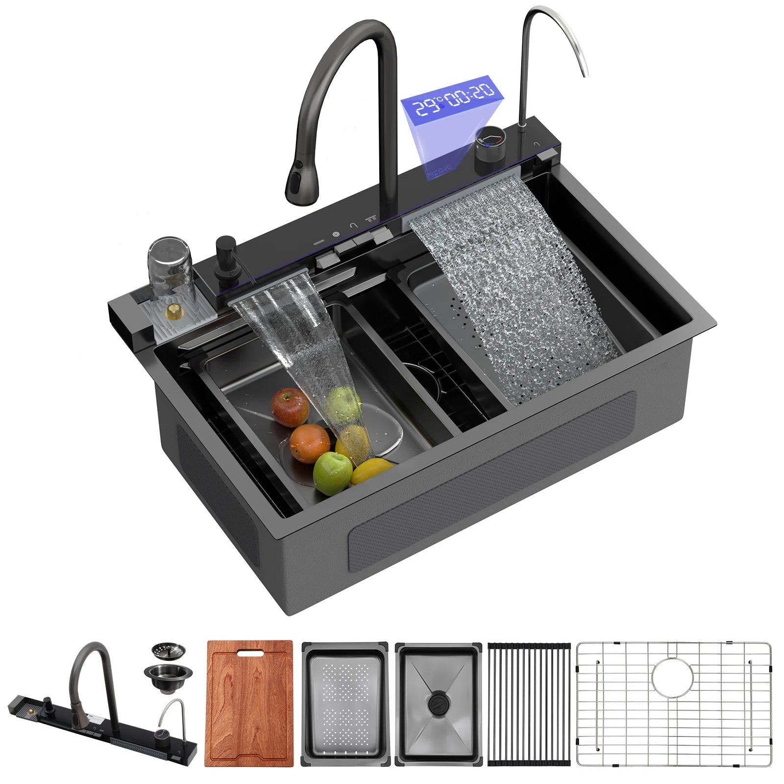 Lordear Kitchen sink with faucet and accessories on a white background