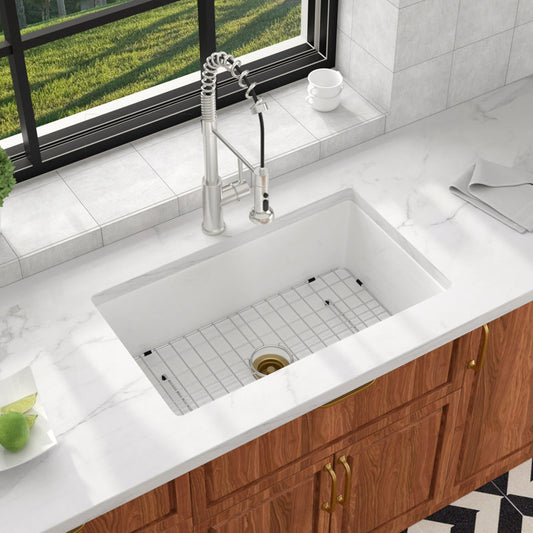Lordear 32'' Gold Drainer White Ceramic Undermount Single Bowl Fireclay Farmhouse Sink