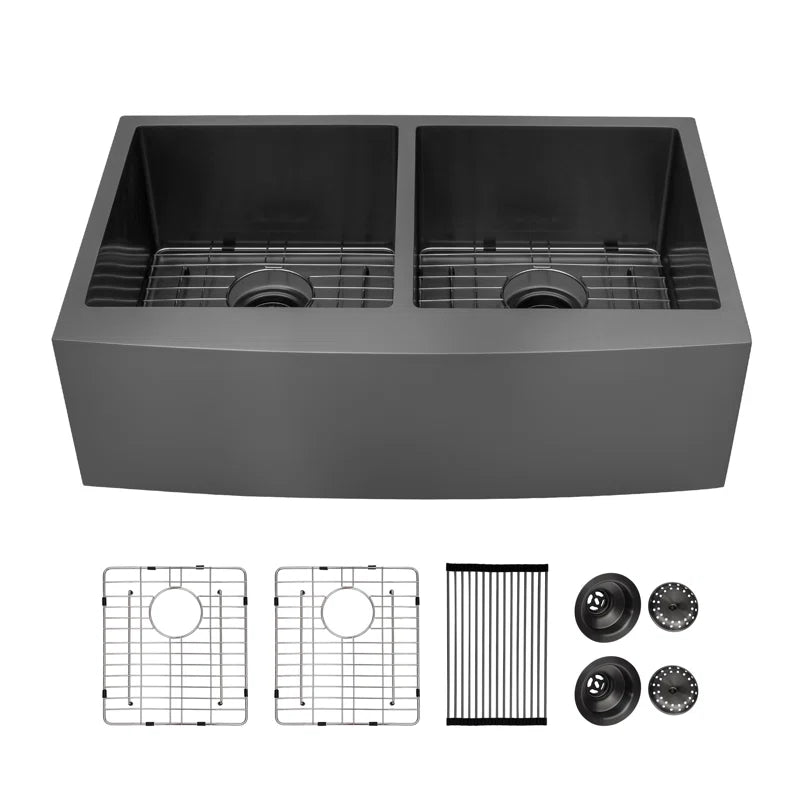 Lordear 33'' Stainless Steel Double Bowl Gunmetal Black Apron Front Farmhouse Kitchen Sink from Lordear