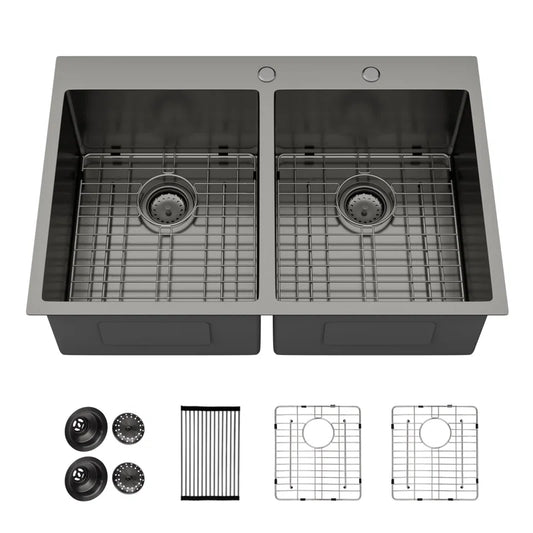 Lordear 33'' Gunmetal Black Double Bowl 50/50 Drop-in Stainless Steel Kitchen Sink