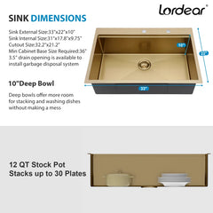 Lordear 33'' Drop-In Kitchen Sink Single-Blow With Accessories