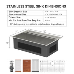 Lordear 33'' x 22'' Drop-in Single Bowl Stainless Steel Workstation Kitchen Sink
