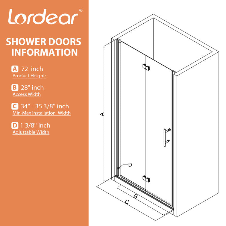 Lordear 34" W x 72" H Tempered Glass Bifold Frameless Clear Bathroom Shower Door from Lordear