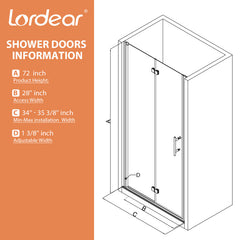 Lordear 34" W x 72" H Tempered Glass Bifold Frameless Clear Bathroom Shower Door from Lordear