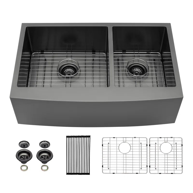 Lordear 36'' Stainless Steel Gunmetal Black Apron Front Double Bowl Farmhouse Kitchen Sink from Lordear