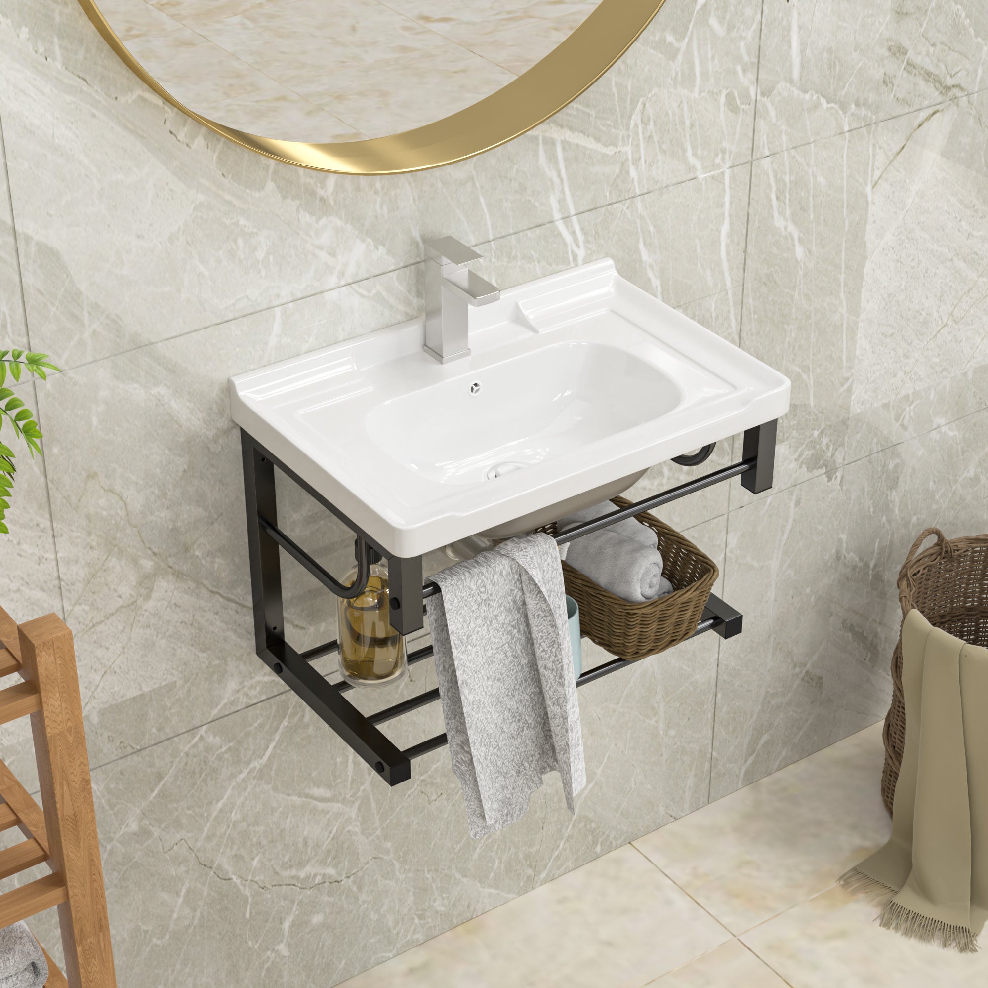 Lordear 23.75'' x 15.75'' White Ceramic Wall Mounted Bathroom Sink with Towel Rack  from Lordear