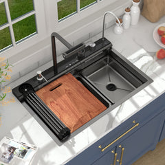 Lordear Drop-in Single Bowl Waterfall Stainless Steel Workstation Kitchen Sink with Digital Display in Honeycomb Finish