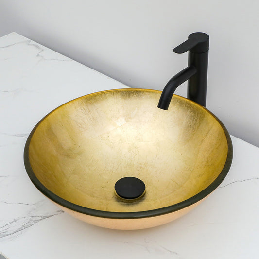 Lordear Beige 16.5'' X 16.5'' Tempered Glass Bathroom Vessel Sink with Faucet and Pop-up Drain