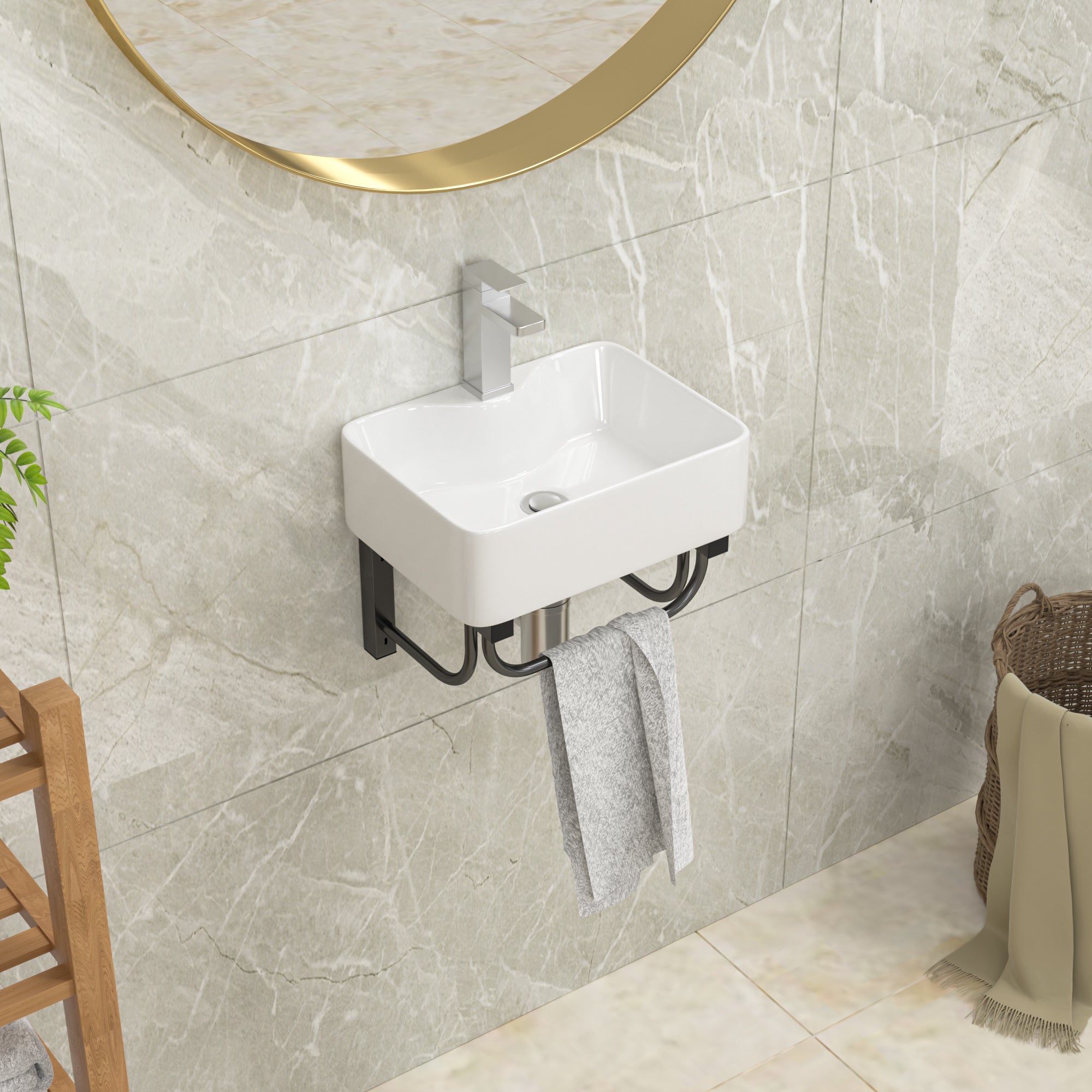 Lordear 16'' x 12'' White Ceramic Wall Mounted Bathroom Sink with Towel Rack from Lordear