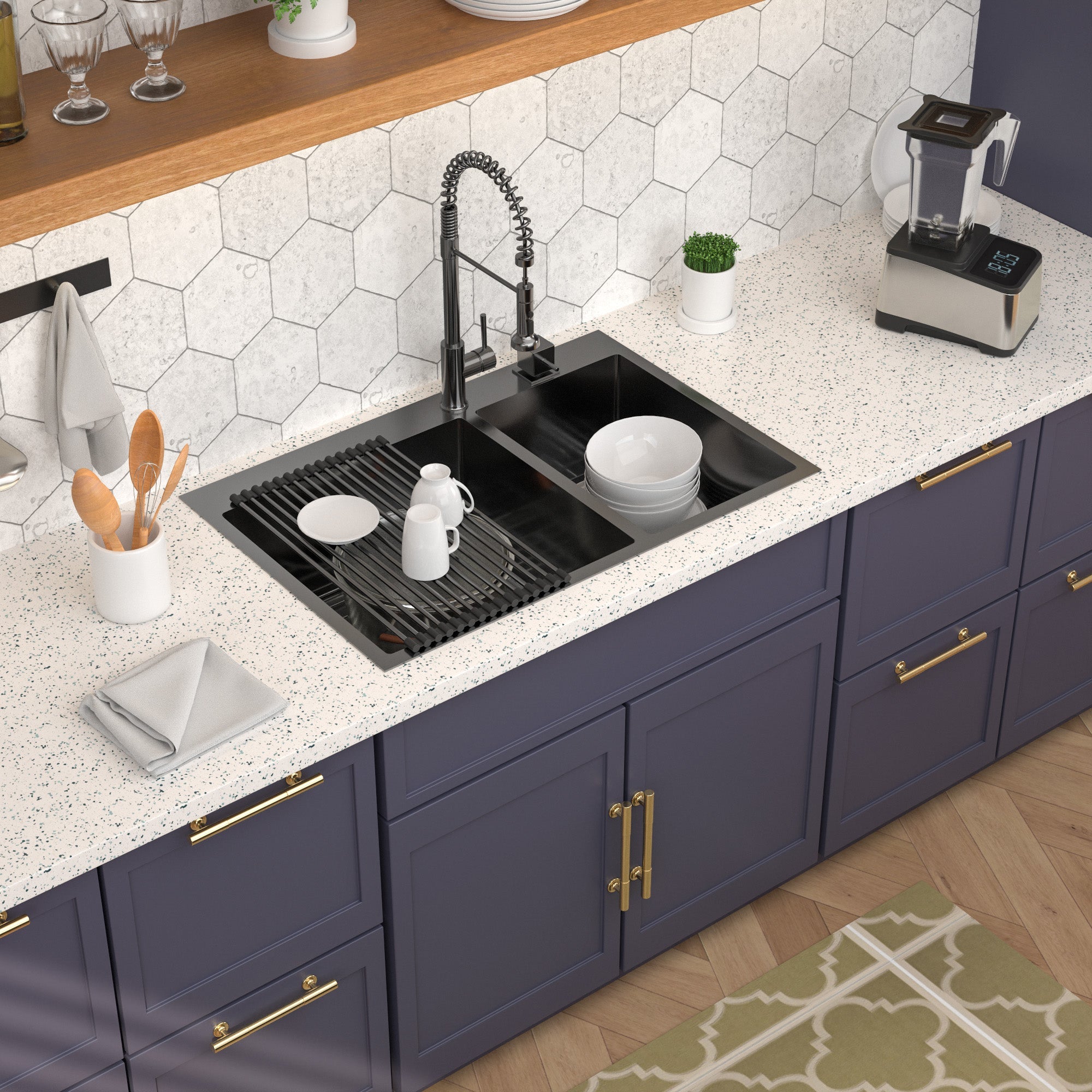 Lordear 33" Stainless Steel Gunmetal Black Double Bowl Drop-in Kitchen Sink from Lordear